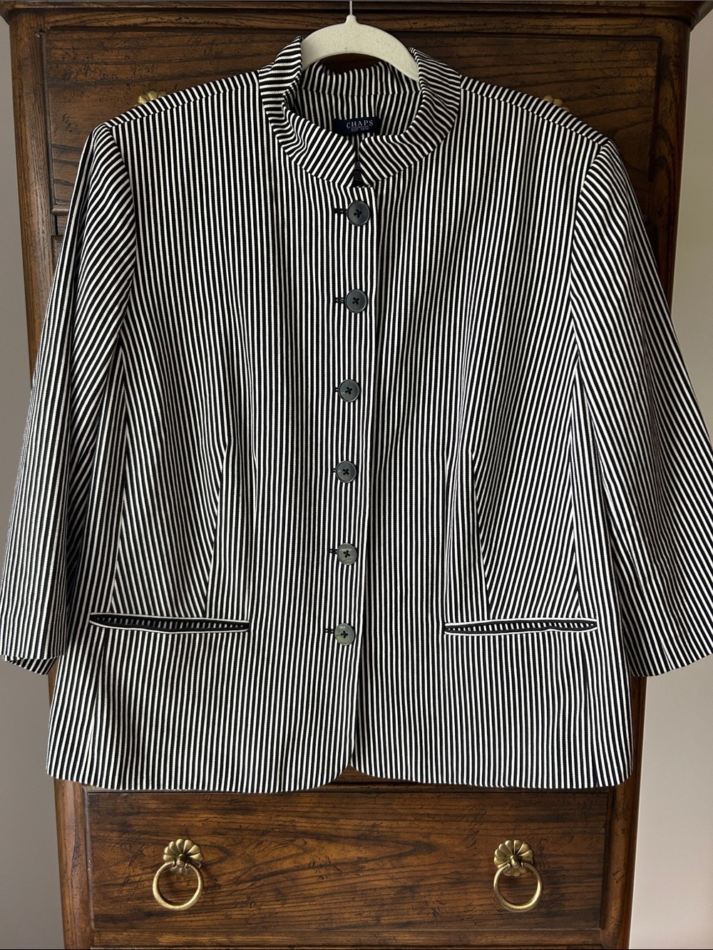 Chaps Black & White Striped Mandarin-Collar Blazer, Size 22W